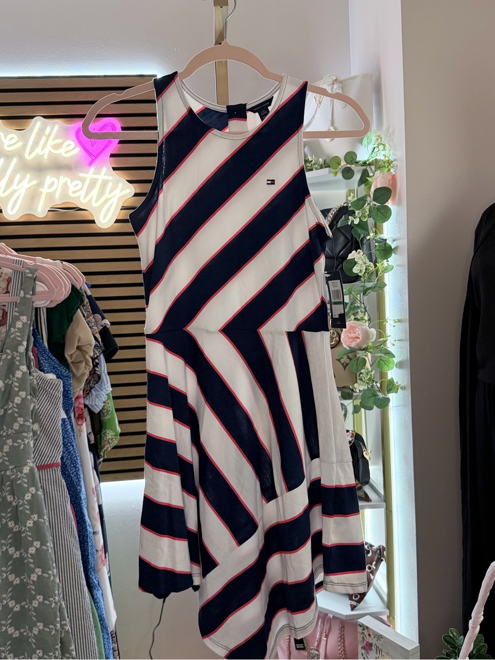 Tommy Hilfiger Navy, White & Red Trim Striped Sleeveless Midi Dress